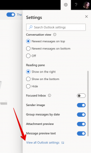"View all Outlook settings" is the bottom option in the list of options in the Outlook settings menu.