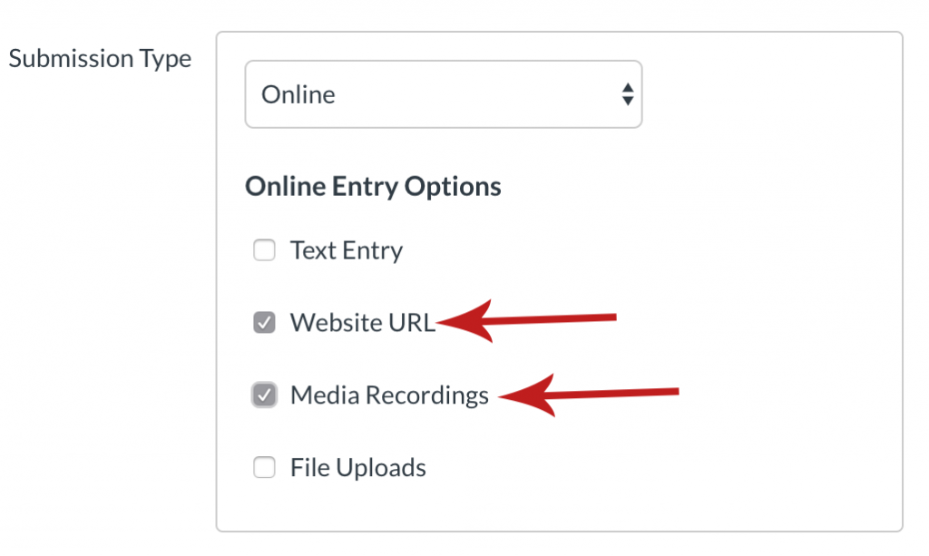 Illustration of selecting “Website URL” and “Media Recording” under the “Online” Submission type