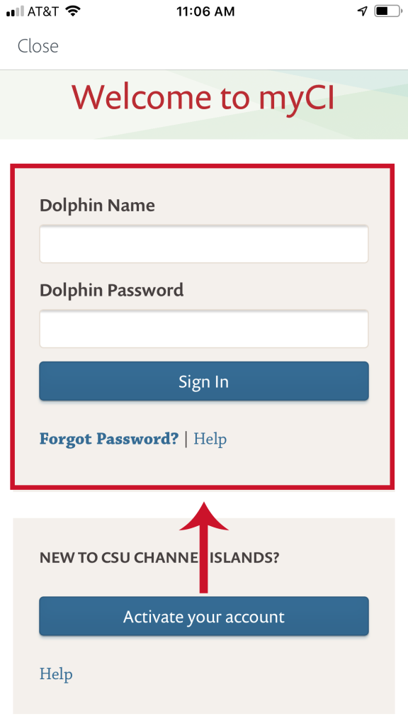 Illustration of the myCI Account Login screen on a iOS device with the myCI credentials and "Sign In" button highlighted with a outline and arrow for emphasis