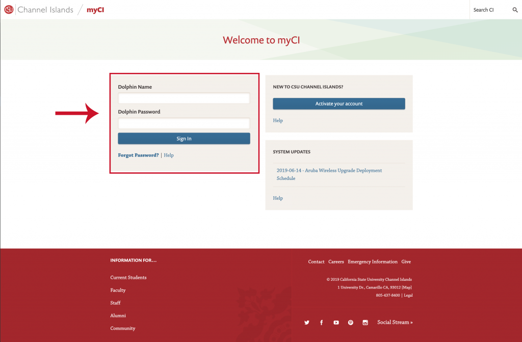 Illustration of the myCI Account Login screen with the myCI credentials and "Sign In" button highlighted with a outline and arrow for emphasis