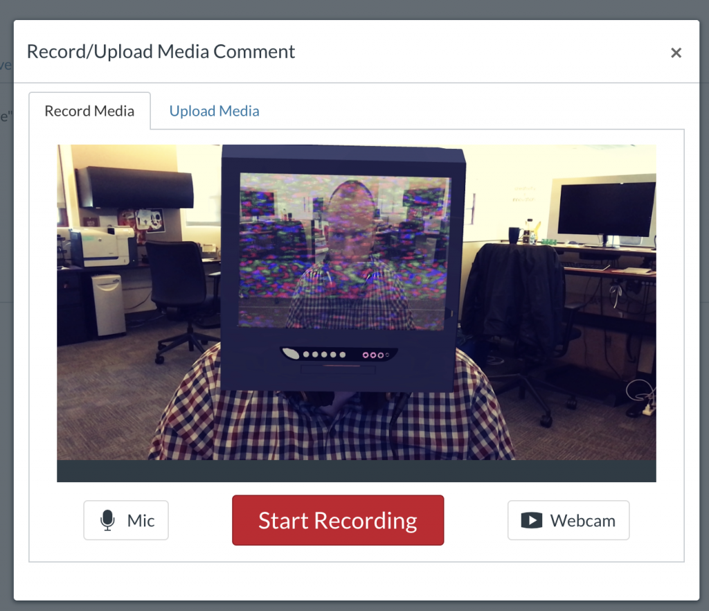 Illustration of the Record/Upload Media Comment window with an activated webcam feed.
