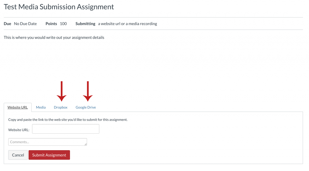 Illustration of choosing a submission type in student view with Dropbox and Google Drive tabs highlighted for emphasis.