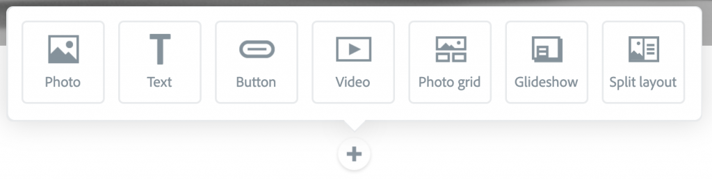 Illustration of a "+" button opened up in a new content section with the Media Menu displayed