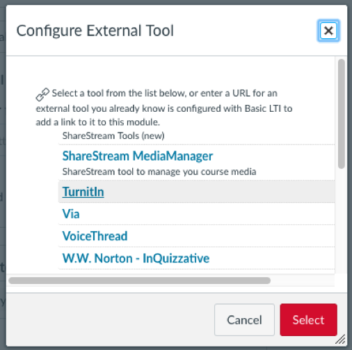 TurnitIn highlighted in the list of available external tools