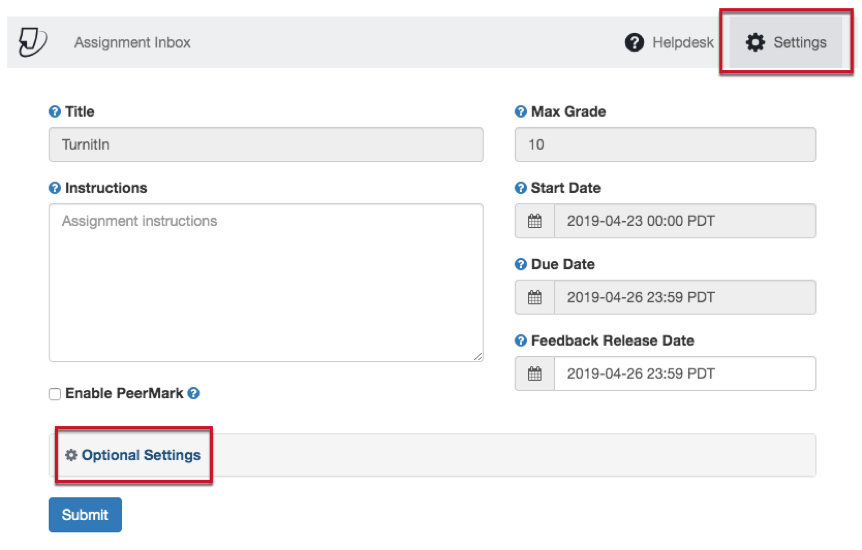 Additional settings buttons highlighted in the TurnitIn interface