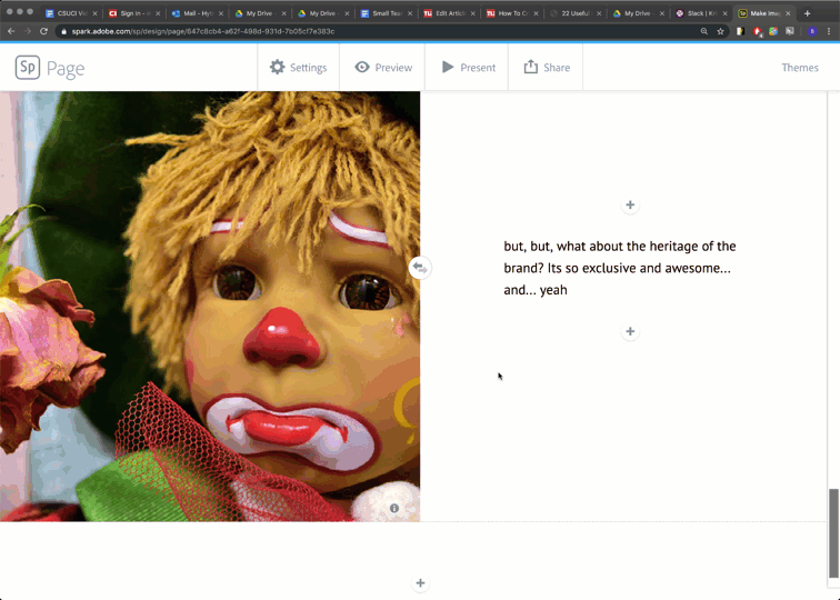 Animated example of editing a pre-existing Split layout within the Adobe Spark Post Editor by exchanging the position of content area with the main image with the "exchange" button, replacing the main image, clicking a "+" button to add more media, and finally using the "Delete layout" button to delete the Split layout