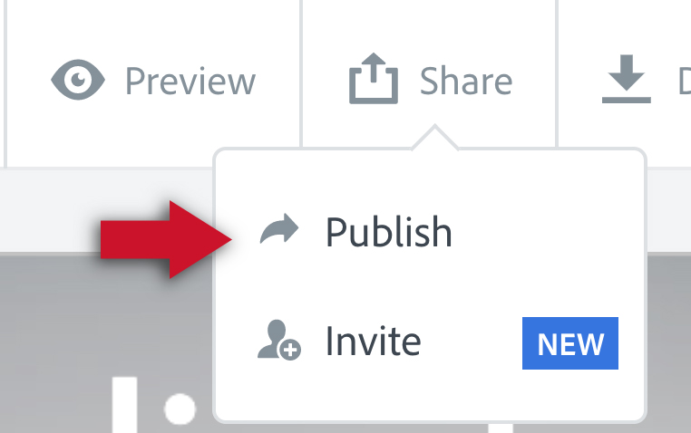 Illustration of the Share button and a labeled dropdown menu with the Publish option indicated with a red arrow