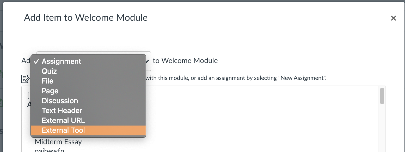 External tool option in the add to module window