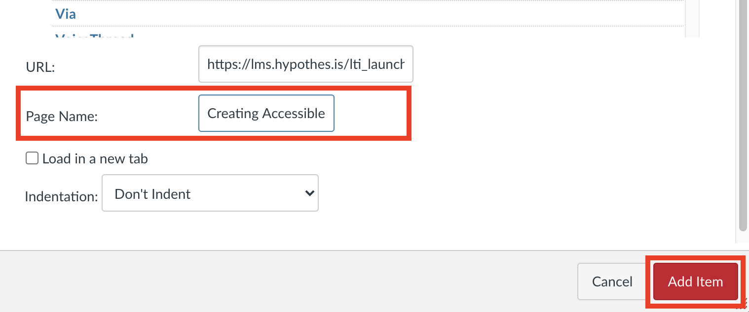 Page name filed in the Hypothesis external tool creation window