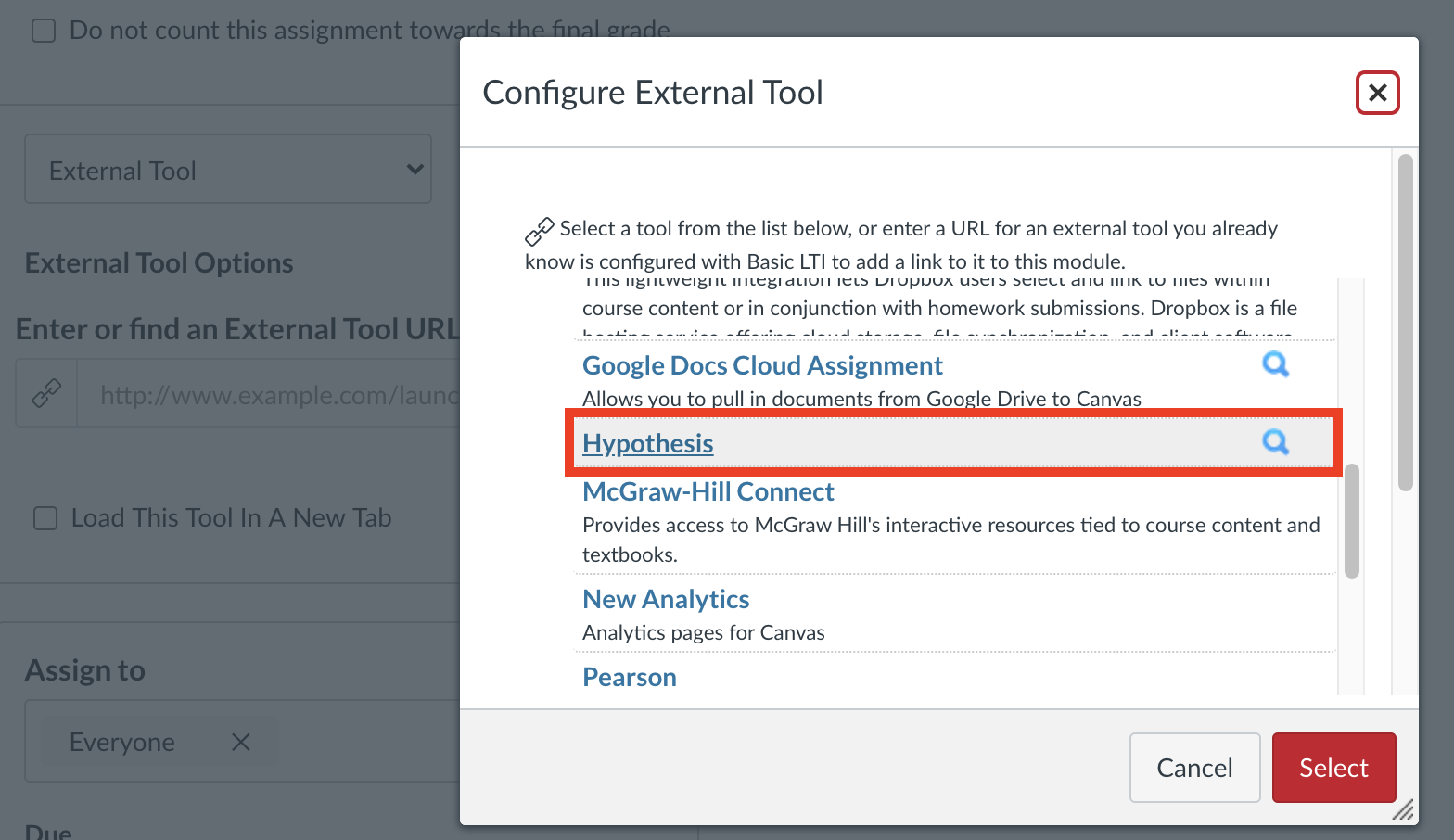 Hypothesis in the list of external tools available