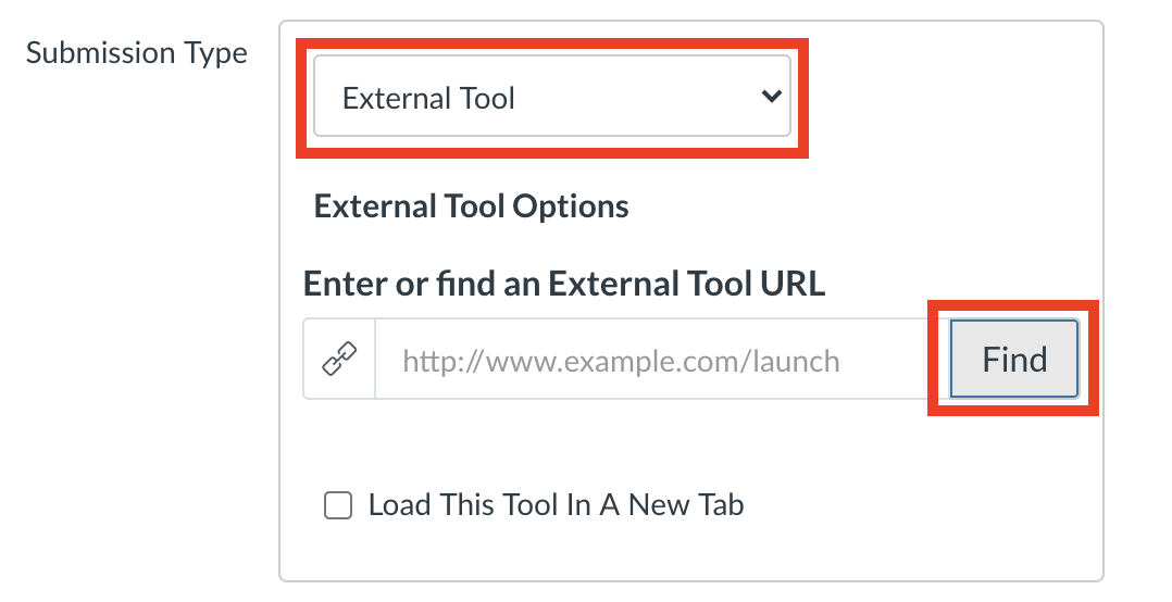 Submission type field set to "external tool"