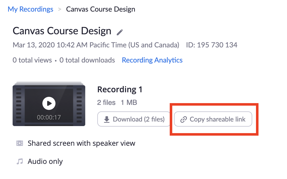 Copy shareable link button in Zoom profile page