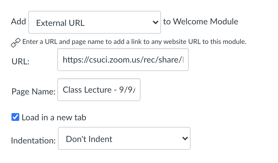 Add external url window in a Canvas course
