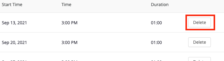 Delete individual meeting button highlighted