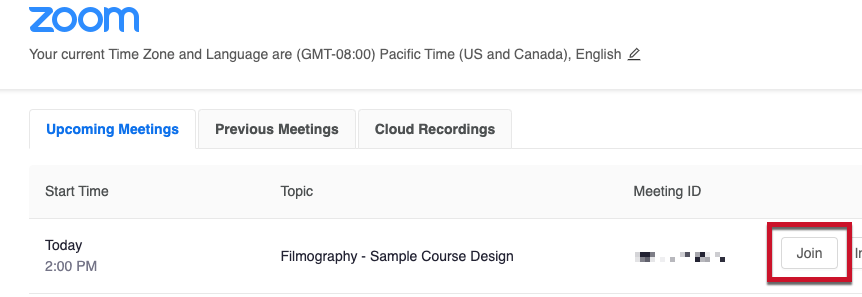 Screenshot of the Join button in the student view of the Zoom interface