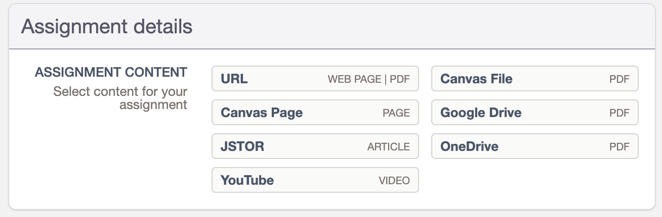 Screenshot of the available content selections when creating a Hypothesis assignment
