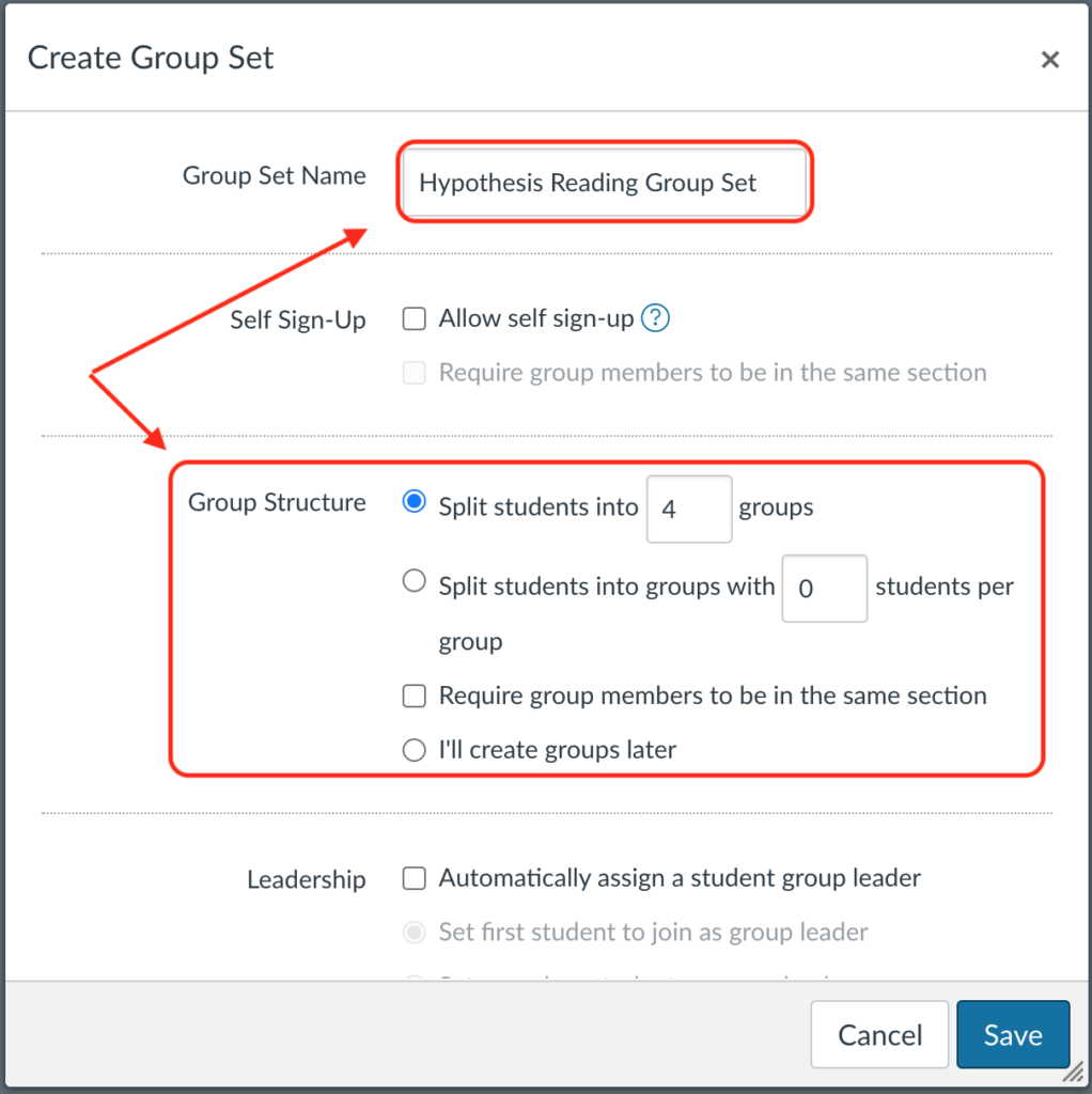 Create group set window with group set name and Group Structure options highlighted