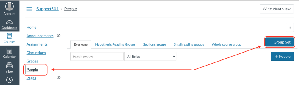 People page within Canvas highlighting the + Group Set button