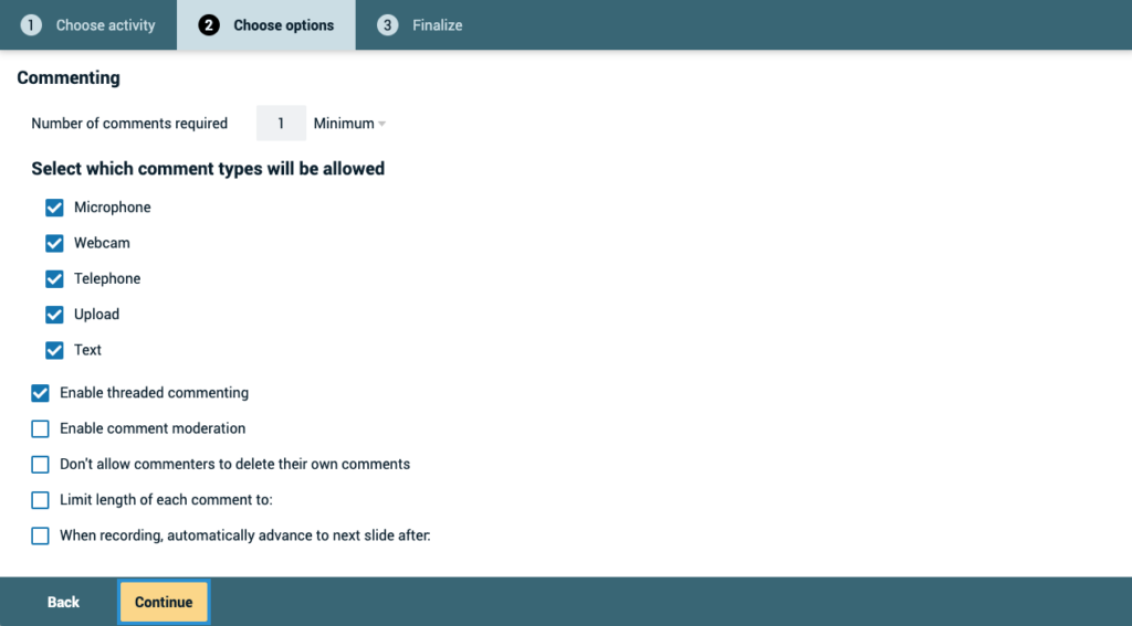 Screenshot of the options available when configuring a VoiceThread Comment assignment