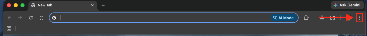 Google chrome Navigation bar on Mac with red arrow pointing to the top right where Menu button is located.