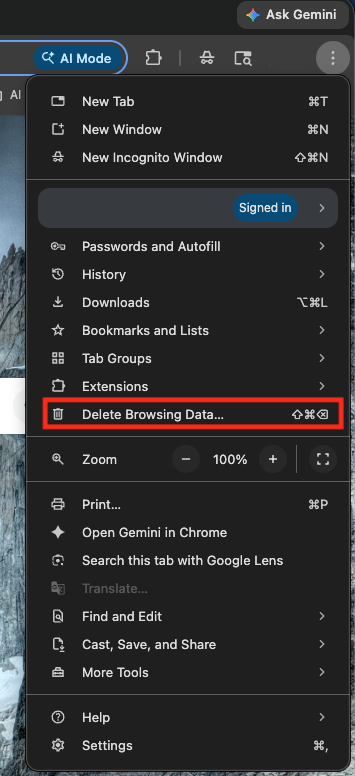 Pop up menu with a red box around the Delete browsing data on Google chrome in MacOS