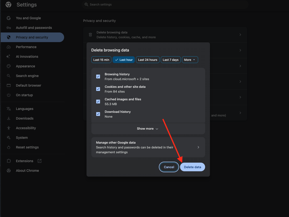 Google chrome Delete browsing data screen with pop up menu. Red arrow points to delete browsing data button