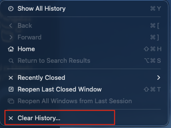 MacOS Clear History button located in history menu