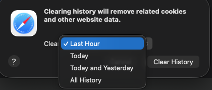 MacOS Clear History menu popup with options