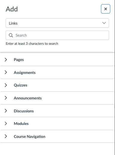 A screenshot of the "Add" pop out menu that appears when you select "Course Links" from the hyperlink menu in Canvas.