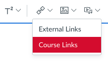 Close up screenshot of the hyperlink menu expanded to show the two options: external links and course links within Canvas.