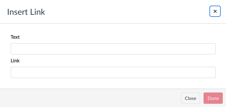 External link dialogue box in Canvas where you can enter the text you'd like to be hyperlinked and the direct hyperlink before clicking "done'.