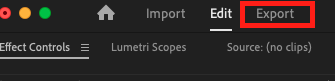 Above the text panel, next to to Import and Edit, a red box highlights the option 'Export'