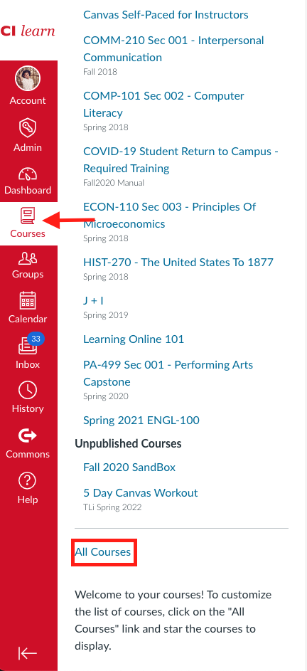 Screenshot of the global navigation with the Courses menu expanded and the All Courses link highlighted