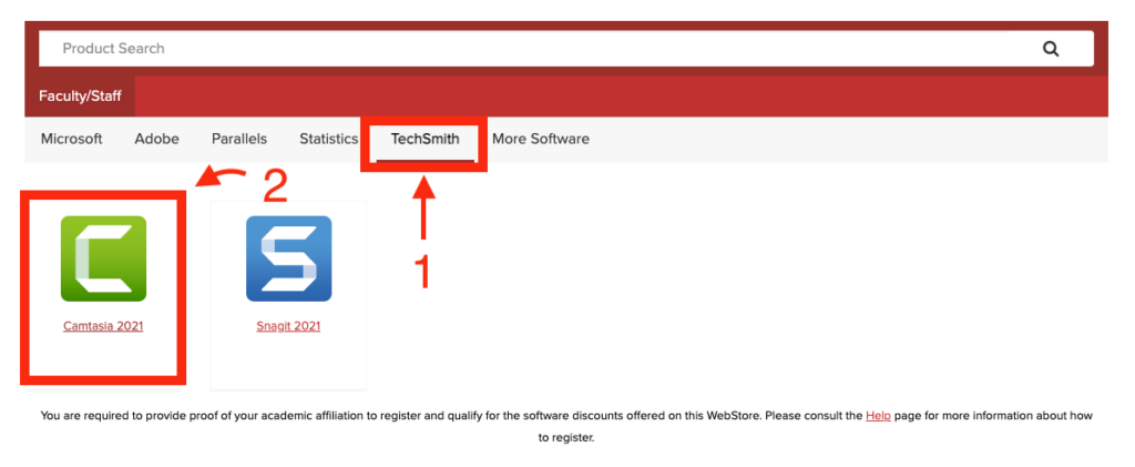 Labeled Illustration for selecting the TechSmith Tab and then choosing Camtasia from the TechSmith Menu on Onthehub website.