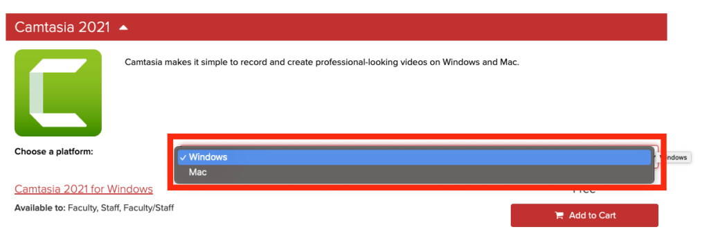 Illustration of the Camtasia Product Page with Choose a Platform Dropdown Menu opened