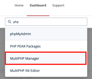 Search bar with MutliPHP Manager selected from a drop-down menu