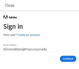 Adobe Express Sign in screen with sample email entered in the email field