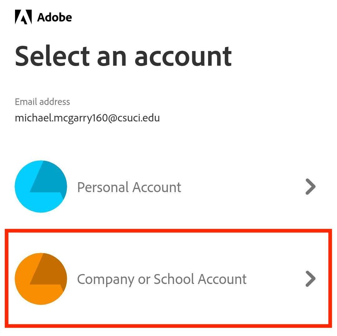 Screenshot of the "Select an account," screen of Adobe Express sign-in on mobile