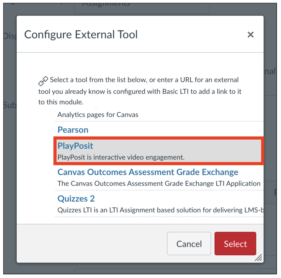 Screenshot of Configure External Tool menu in Canvas Assignment highlighting PlayPosit option.