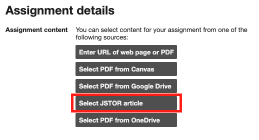 Screenshot highlighting the 'Select JSTOR article,' option within the Hypothesis assignment creation process