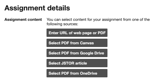Screenshot of the sources available for a Hypothesis assignment