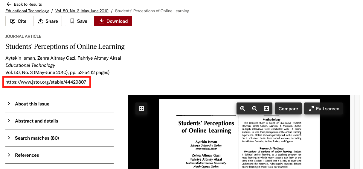 Screenshot showing a JSTOR article's stable URL