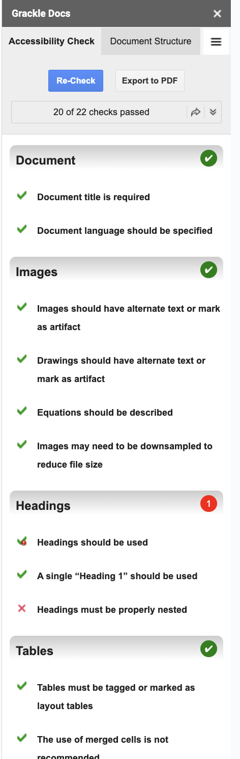 Screenshot of the Grackle Docs interface with four categories displayed: Document, Images, Headings, and Tables with checkpoints within each that help you improve the accessibility of your CI Doc.