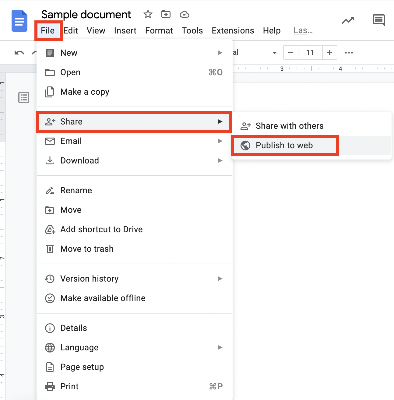 Screenshot of Google Docs File menu list with Share highlighted, under Share menu, Publish to the web is highlighted.