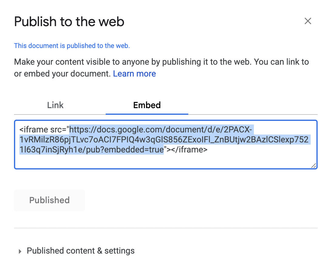 Screenshot of Google Docs Publish menu embed code, with only the portion of the code contained by quote marks highlighted.