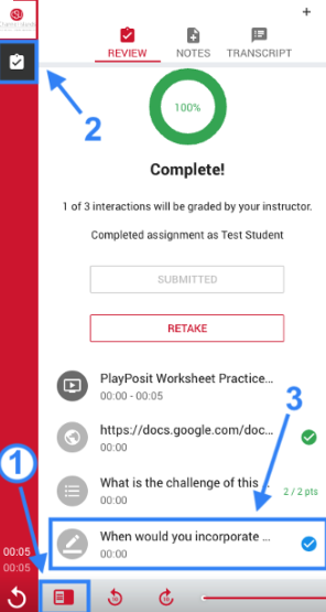 Screenshot of the PlayPosit sidebar interface explained in the listed steps above the images with associated number and arrows highlighting the mentioned icons.