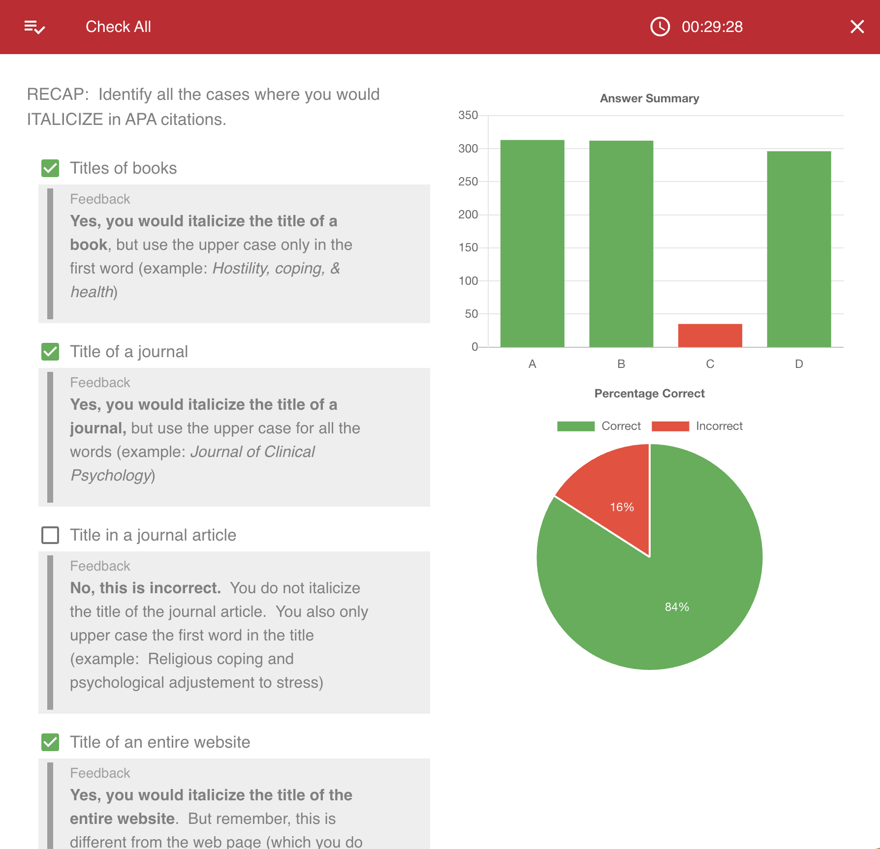 Screenshot of Interaction Data screen for a check all question, showing which fraction of students answered correctly and incorrectly, as well as which fraction of students selected each individual answer option.