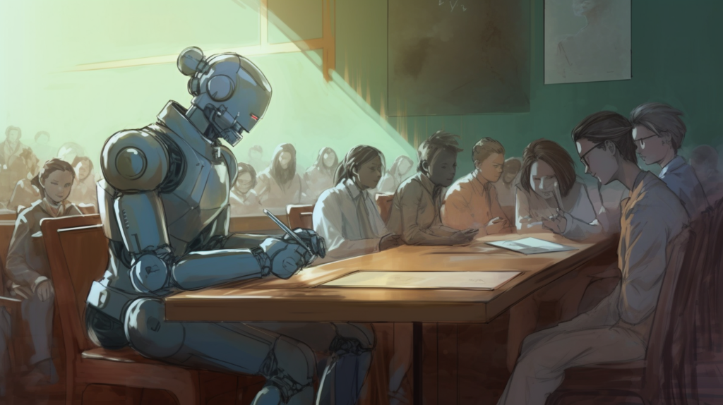 Illustration of a robot taking notes while sitting at a table with students.