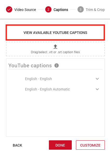 Screenshot of captioning window, "View Available YouTube Captions" is highlighted at the top of the screenshot.