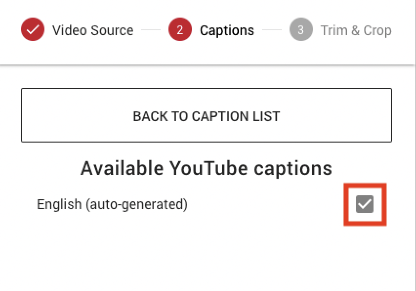 Screenshot of captioning window, one caption track is listed accompanied by a highlighted check mark box.